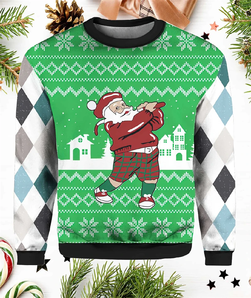 Color: green, Size: XXL - Funny Santa Claus Graphic Ugly Christmas Sweater 2026 Men Fashion Autumn Winter 3D Printed Sweatshirt Casual Oversized Pullovers