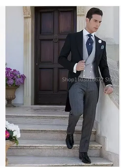 Black Long Tail Blazer 3 Pieces Gentleman Male Suit Men's Fashion Groom Tuxedo for Wedding Party Prom Jacket Vest with Pants