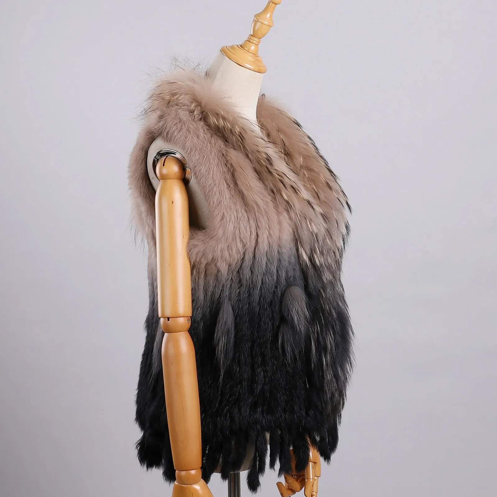 Color: Khaki, Size: XL - Luxury Women's Genuine Premium Long Hair Rabbit Fur Knit Vest Raccoon Fur Trim Gilet Lady Sleeveless Waistcoat Real Fur Jacket