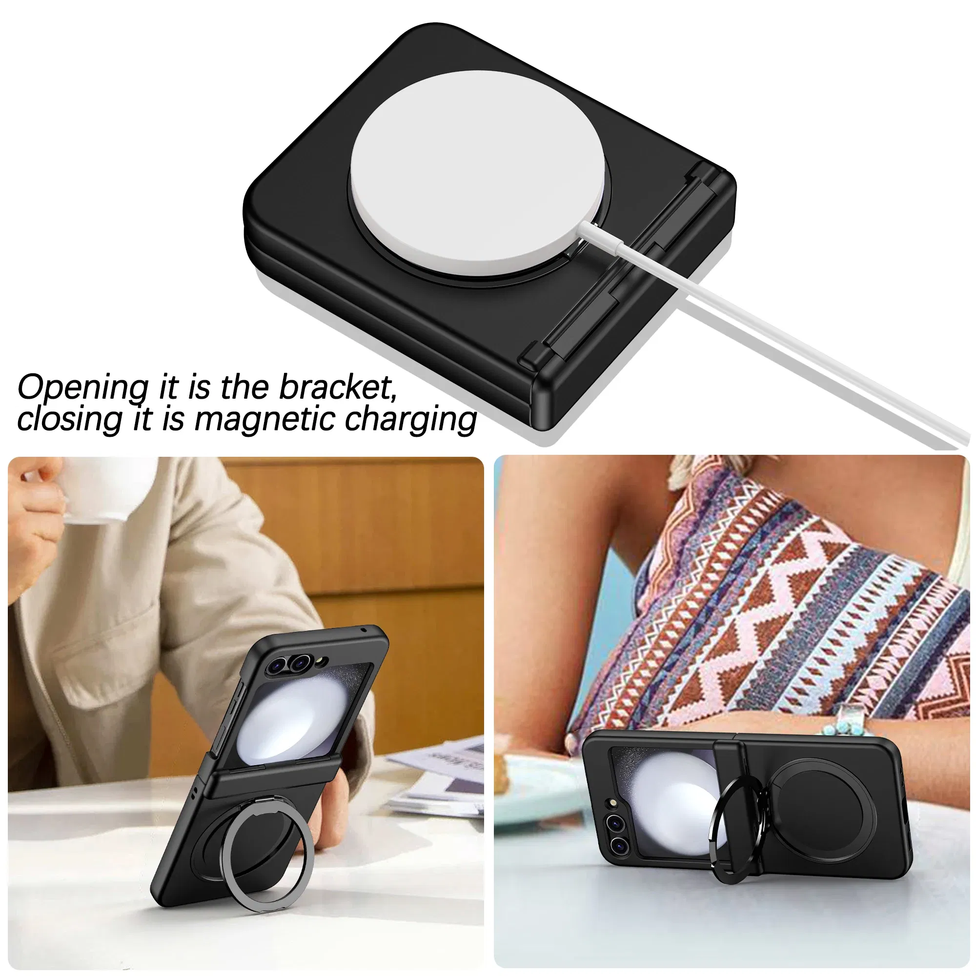 Color: Clear, Material: ABS - For Samsung Galaxy Z Flip5 Rotating 360?° Holder Phone case Magsafe Wireless charge 360 Degree Ring Magnetic stand Phone Covers