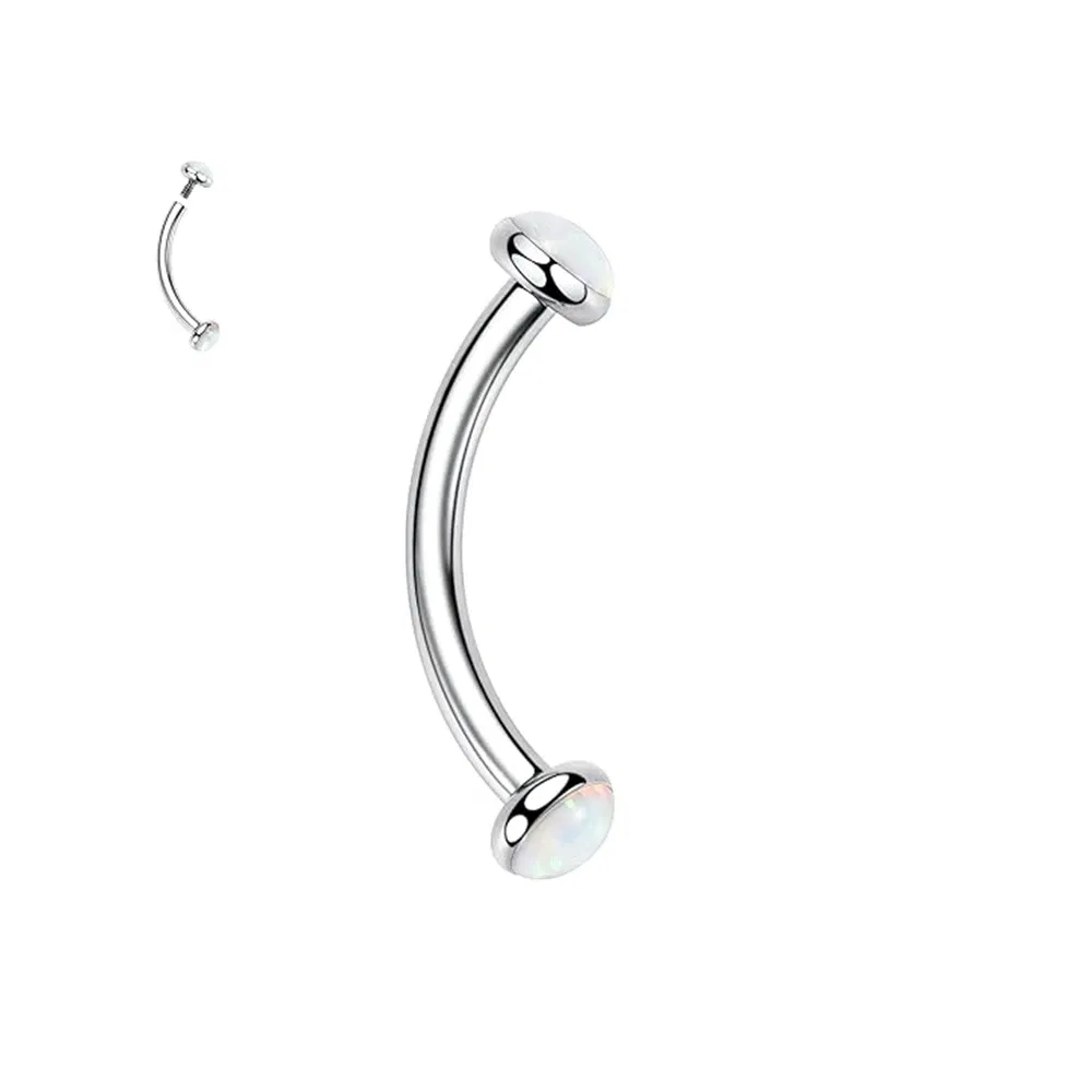 Metal color: Platinum Plated, Main Stone Color: WHITE - 3/4/5mm Opal Steel Eyebrow Ring Internally Threaded 6mm -14mm Bar Curved Barbell Monroe Lip Stud Ear Tragus Piercing
