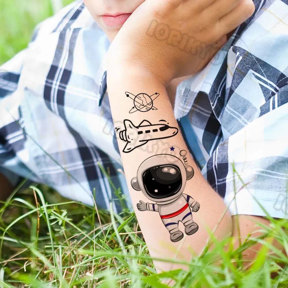 Color: Pink - Airplane Spaceman Temporary Tattoos For Kids Face Neck Boy Girls Adult Fake Planets Astronaut Tattoo Sticker Black Cartoon Tatoo