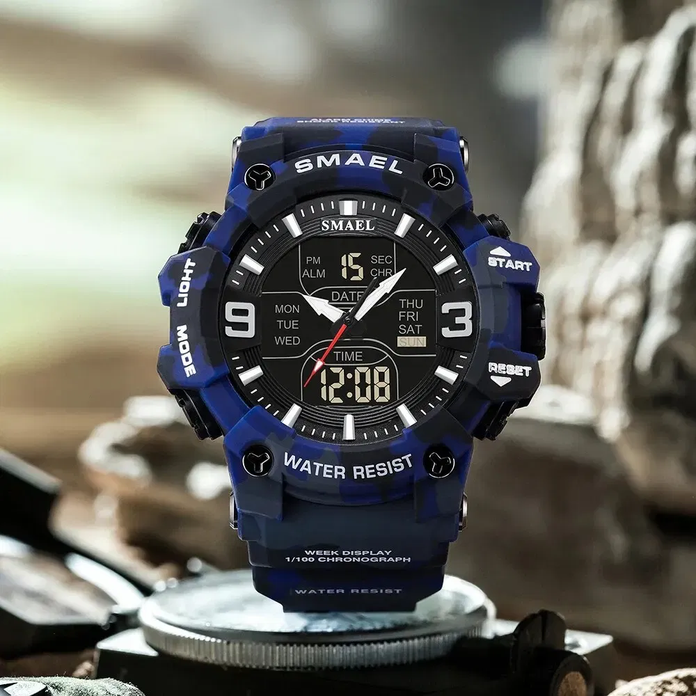 Color: Blue - SMAEL 8049MC Camouflage New Style Digital Waterproof Sports Watches Men's Shock Analog Dual Display Watch
