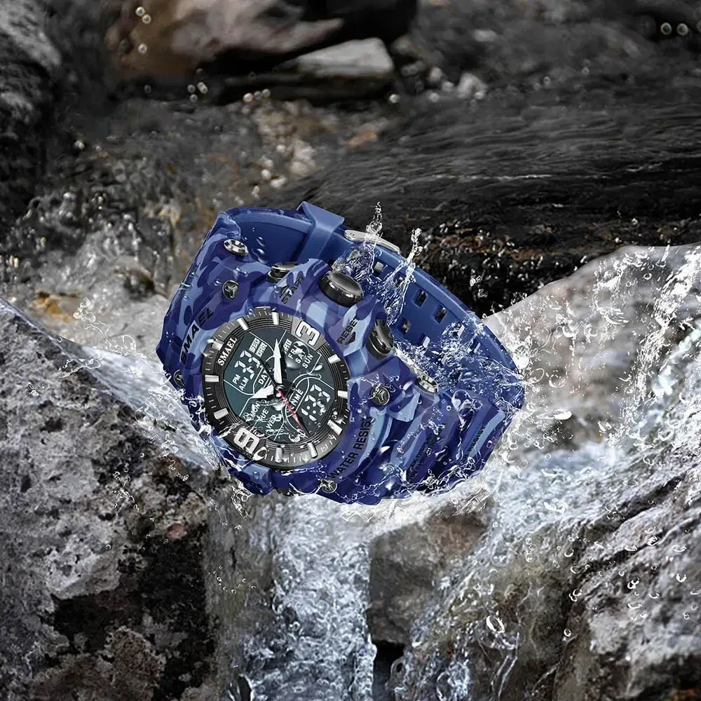 Color: Blue - SMAEL 8049MC Camouflage New Style Digital Waterproof Sports Watches Men's Shock Analog Dual Display Watch