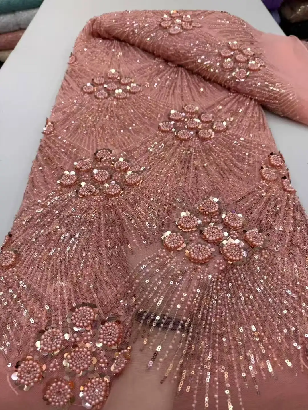African Heavy Beaded Lace Fabric 2025 High Quality Nigerian Sequin Pearl Lace French Tulle Fabric For Wedding Party Dress Sewing
