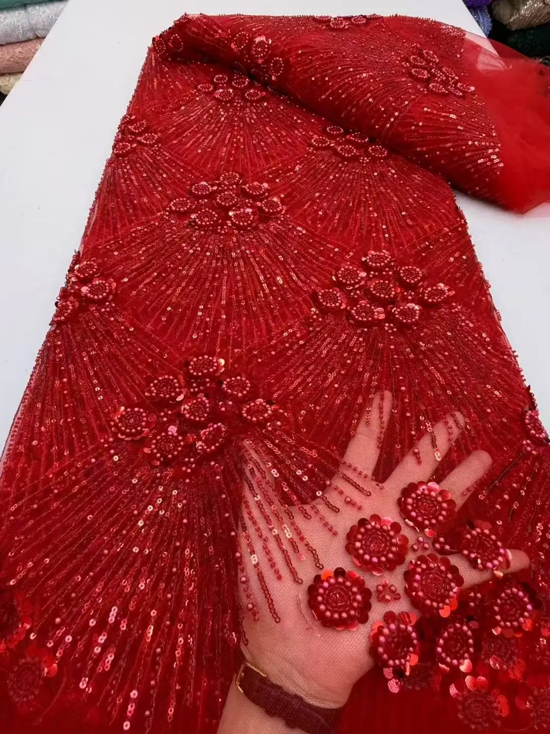 African Heavy Beaded Lace Fabric 2025 High Quality Nigerian Sequin Pearl Lace French Tulle Fabric For Wedding Party Dress Sewing