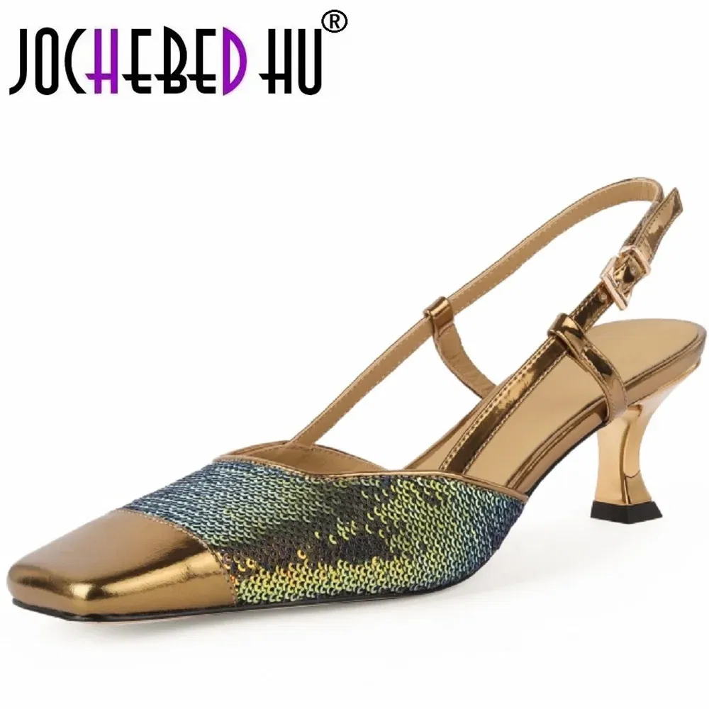Color: black, Shoe Size: 34 - 【JOCHEBED HU?‘Sexy Genuine Leather Square Toe Women Sandals Thin High Heels Slingback Pumps Fashion Office Party Shoes 33-40