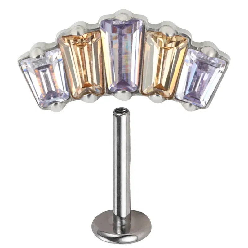 Metal color: PURPLE, Main Stone Color: WHITE, Ships From: CHINA - G23 Titanium Ear Studs 5 Oblong CZ Blaze Curve Top Threaded Labret PIERC Lip Stud Ear Cartilage Tragus Helix Piercing Jewelry