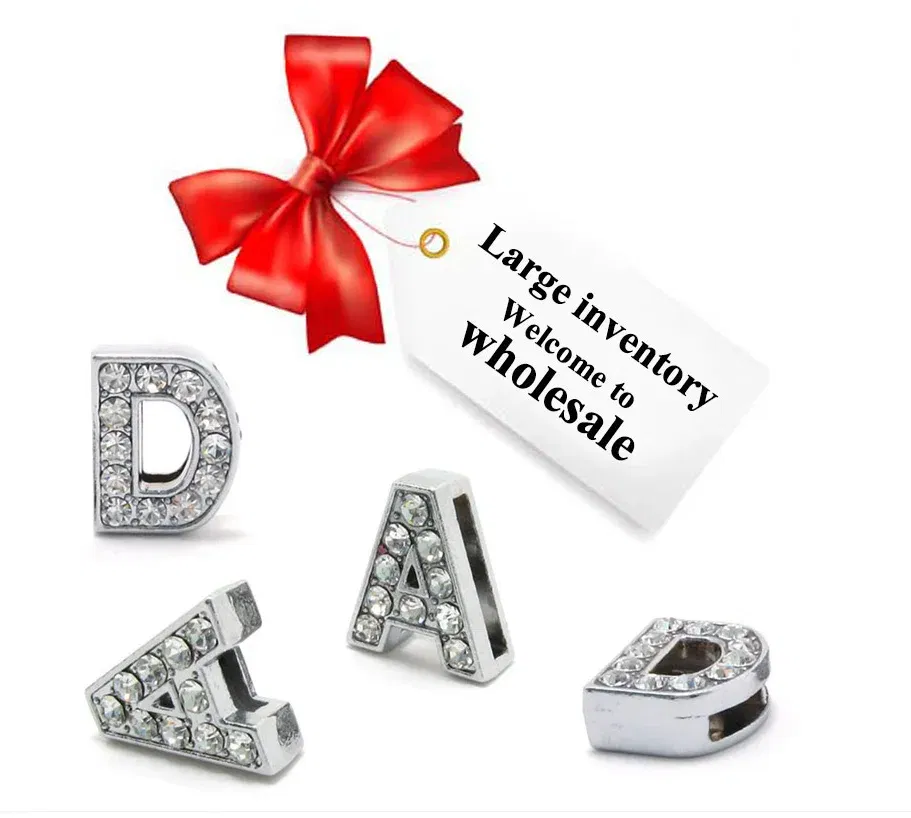 Color: Khaki - Rhinestone Slide Letter Charms For Jewelry Making Women Bracelet 8mm Alphabet A-Z Pet Collar Necklace DIY Accessories Gift