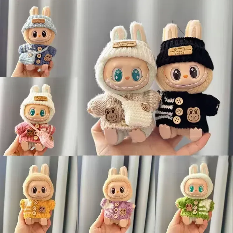 Color: Navy Blue - Cute Labubu Bunny Doll Accessories with Knitted Clothes Rabbit Ears Hat Heart Sweater for Toy Collectors Labubu Clothes