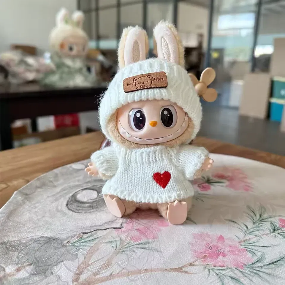Color: Navy Blue - Cute Labubu Bunny Doll Accessories with Knitted Clothes Rabbit Ears Hat Heart Sweater for Toy Collectors Labubu Clothes