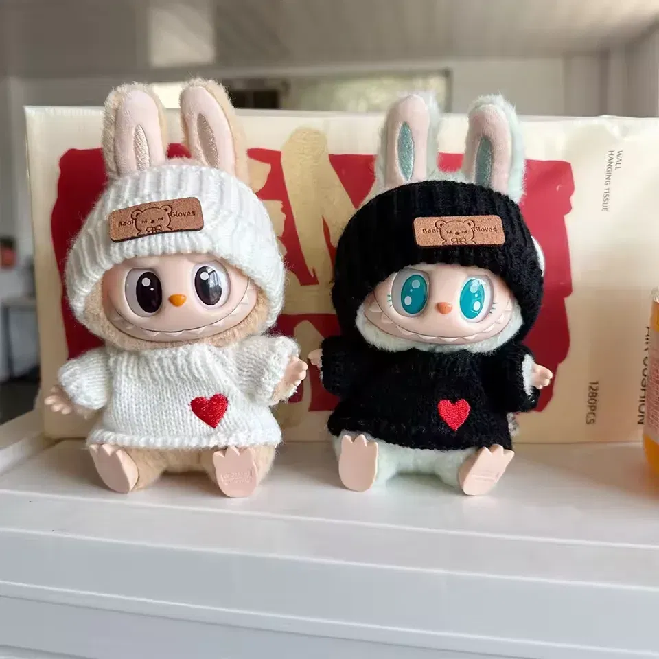 Color: Navy Blue - Cute Labubu Bunny Doll Accessories with Knitted Clothes Rabbit Ears Hat Heart Sweater for Toy Collectors Labubu Clothes