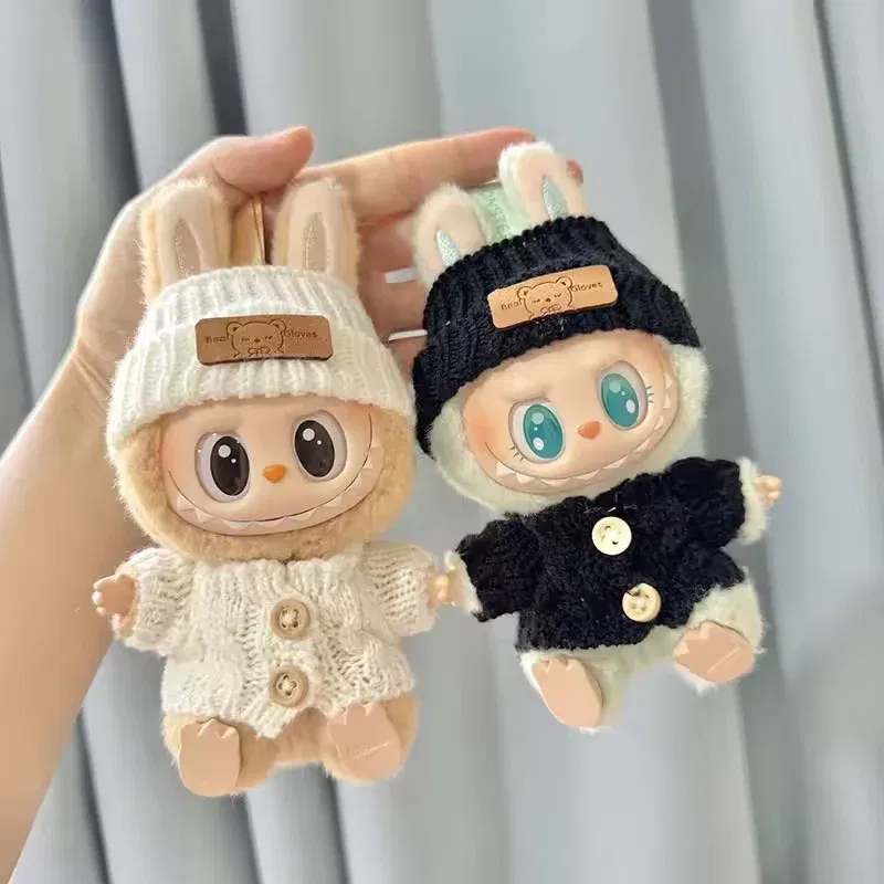 Color: Navy Blue - Cute Labubu Bunny Doll Accessories with Knitted Clothes Rabbit Ears Hat Heart Sweater for Toy Collectors Labubu Clothes
