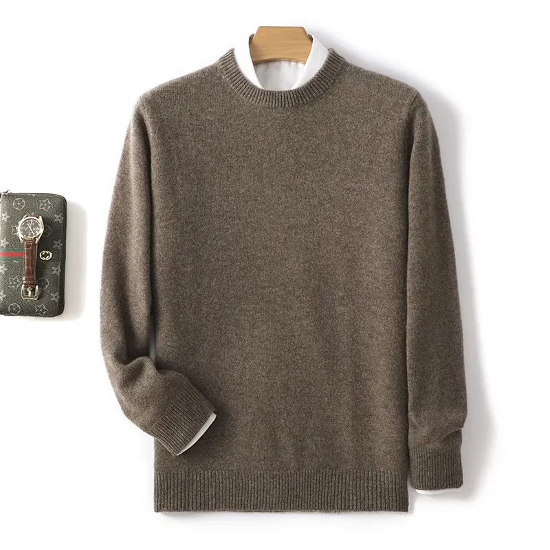 Color: Champagne, Size: XL, Ships From: CHINA - Men's 100% Pure Wool Cashmere Sweater O-Neck Pullover Knit Sweater Autumn and Winter New Long Sleeve High-End Jumpers Thick Tops