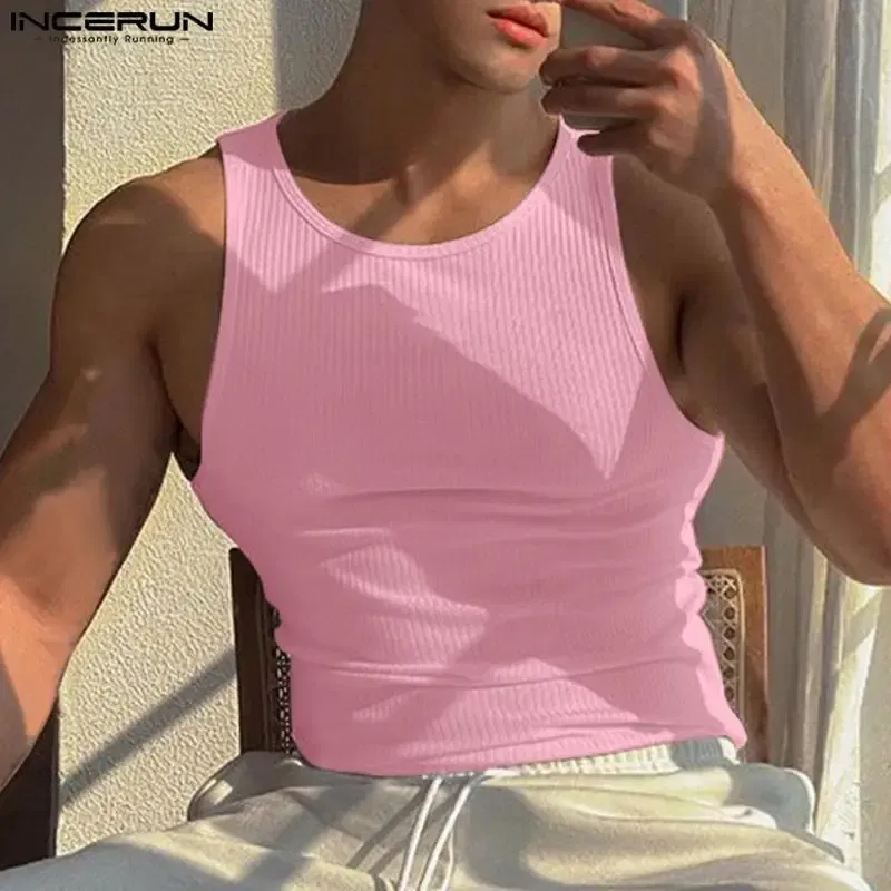Color: GRAY, Size: L - INCERUN Men Tank Tops Solid Color O-neck Sleeveless Streetwear Summer Casual Vests Skinny 2023 Fashion Leisure Men Clothing 5XL