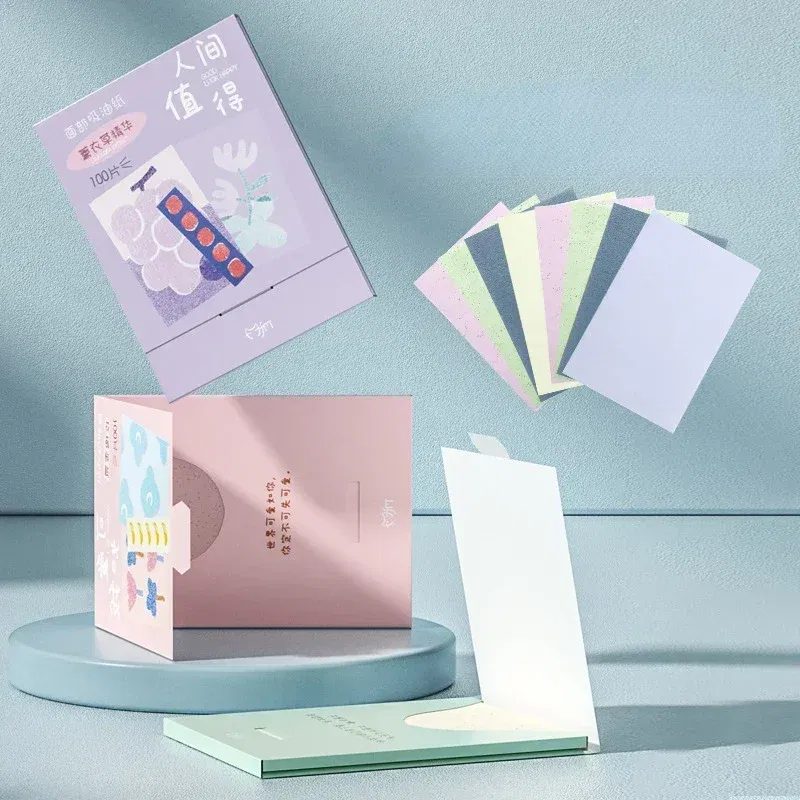 Color: PURPLE - 100pcs/set Facial Oil Blotting Paper Matte Face Wipes Oil Control Oil-absorbing Face Cleaning Beauty Makeup Tools Accessories