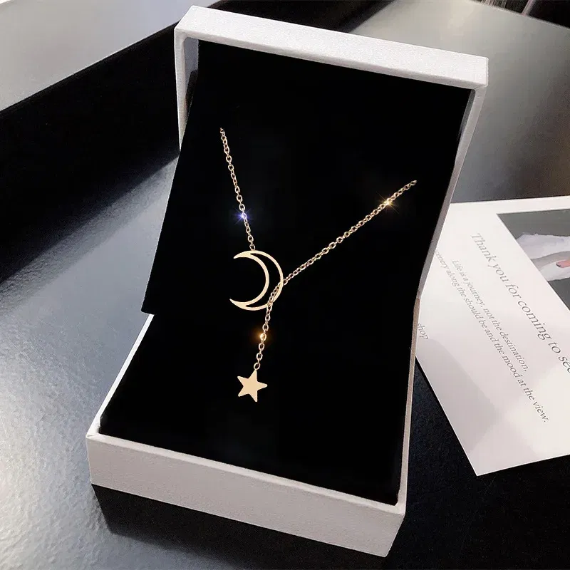 Metal Color: Light Yellow Gold Color - New Simple Moon Star Pendant Choker Necklace Simple Gold Color Alloy Charm Chain Collares Necklace For Women Party Jewelry