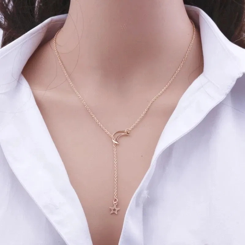 Metal Color: Light Yellow Gold Color - New Simple Moon Star Pendant Choker Necklace Simple Gold Color Alloy Charm Chain Collares Necklace For Women Party Jewelry
