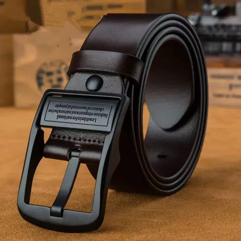 Color: WHITE, Belt Length: 125cm - New Leather Cowhide Men's Belt Fashion Metal Alloy Pin Buckle Adult Luxury Brand Jeans Business Casual Waist Male Strap Brand