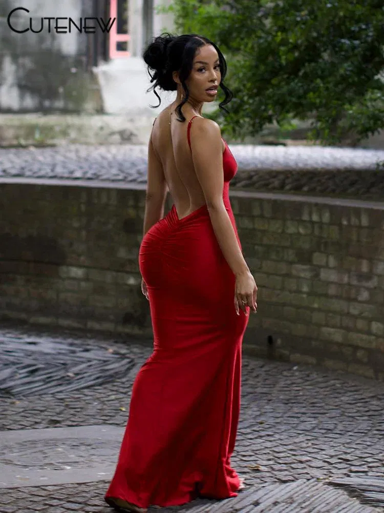 Color: PURPLE, Size: M - Nibber Red Shiny Spaghetti Strap Maxi Dress Women Solid Sexy Backless Ruched Cleavage Body-shaping Robe Lady Hipster Streetwear
