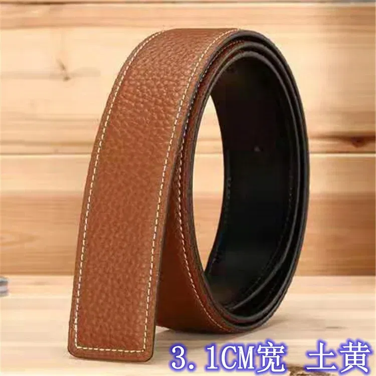 Color: Light Grey, Belt Length: 110cm - 3.1cm No Buckle Belt Brand Belt Men High Quality Male Genuine Real Leather Strap forJeans Litchi grain Belt Cinturones Hombre