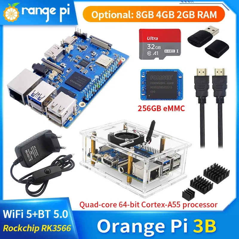 Bundle: Bundle 2, Color: Beige - Orange Pi 3B 8GB 4GB 2GB RAM Rockchip RK3566 WiFi5+BT 5.0 Gigabit LAN Port Single Board Run Android Linux OpenHarmony OS Mini PC