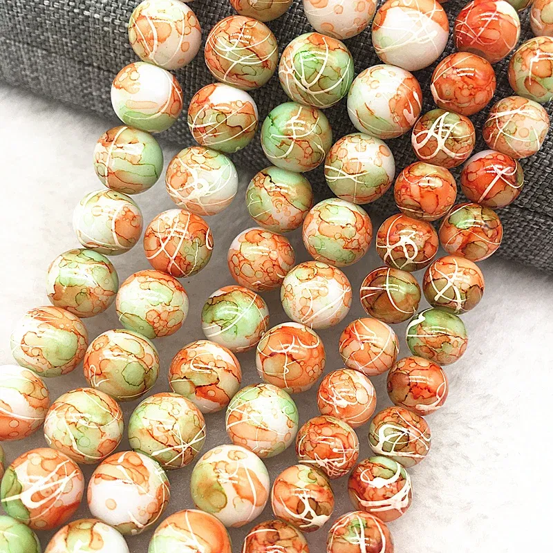 Color: Green, Item Diameter: 5mm - Wholesale 4/6/8/10mm Glass Beads Round Loose Spacer Beads Pattern For Jewelry Making DIY Bracelet Necklace