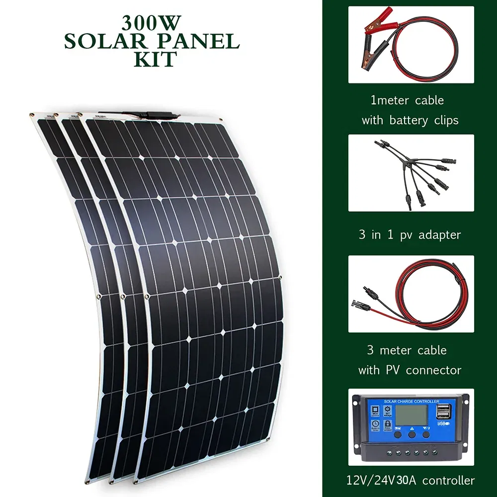 Color: Golden, Ships From: CHINA - New Solar panel kit and 300w 200w 100w flexible solar panels 12v 24v high efficiency battery charger module