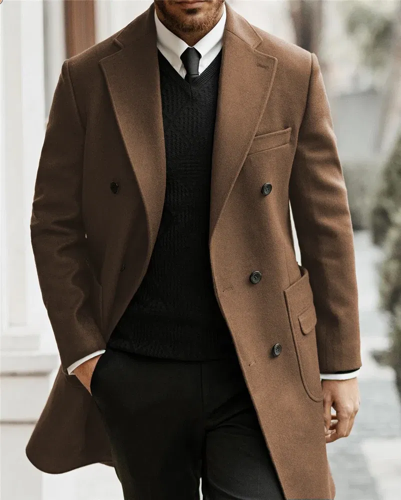 Color: Brown, Size: XXXL - Classic Man Trench Coat Customized Notched Lapel Full Man Terno Double Breasted Elegant Gentleman Long Coat Men's Winter Jacket