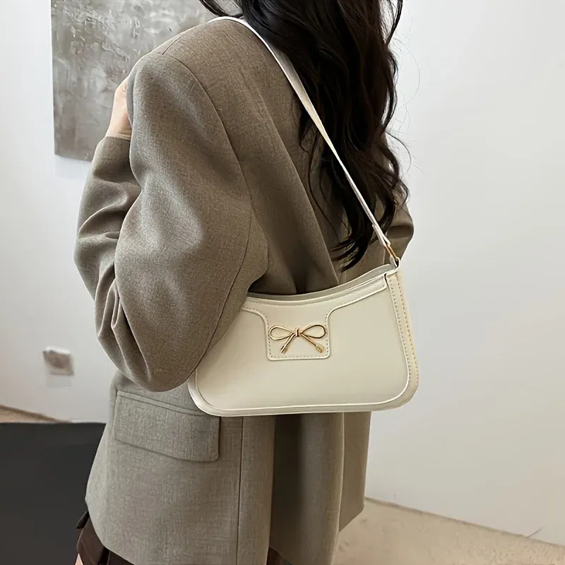 Color: WHITE - Solid Color Bowknot Shoulder Bag, Elegant Small Square Bag, Suitable for Women Handbags, Zipper Closure,Fashion Underarm Bag,