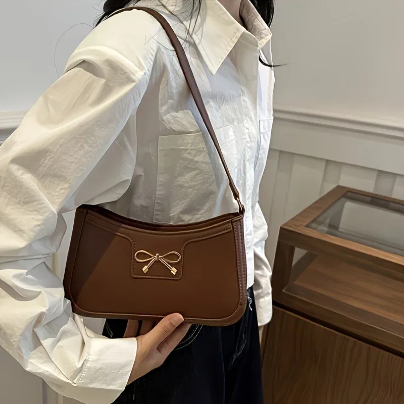 Color: WHITE - Solid Color Bowknot Shoulder Bag, Elegant Small Square Bag, Suitable for Women Handbags, Zipper Closure,Fashion Underarm Bag,