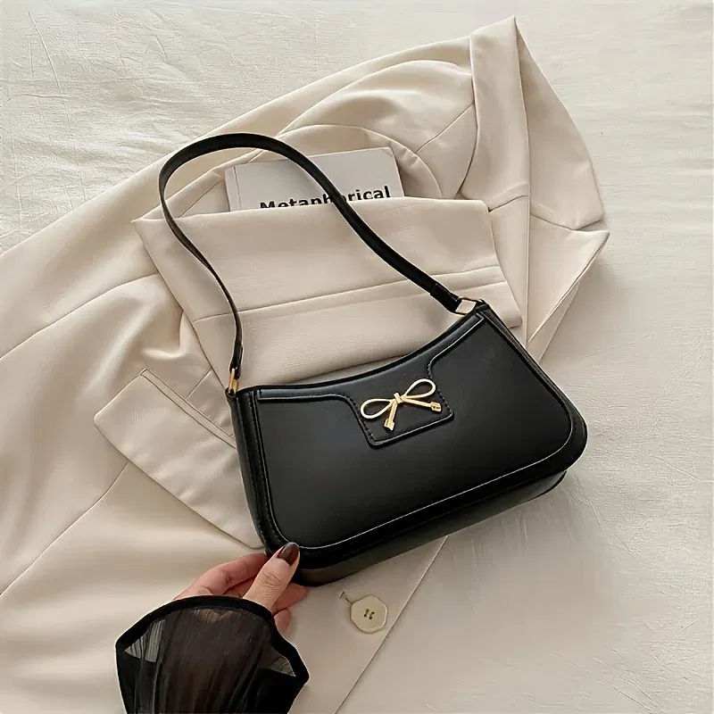 Color: WHITE - Solid Color Bowknot Shoulder Bag, Elegant Small Square Bag, Suitable for Women Handbags, Zipper Closure,Fashion Underarm Bag,