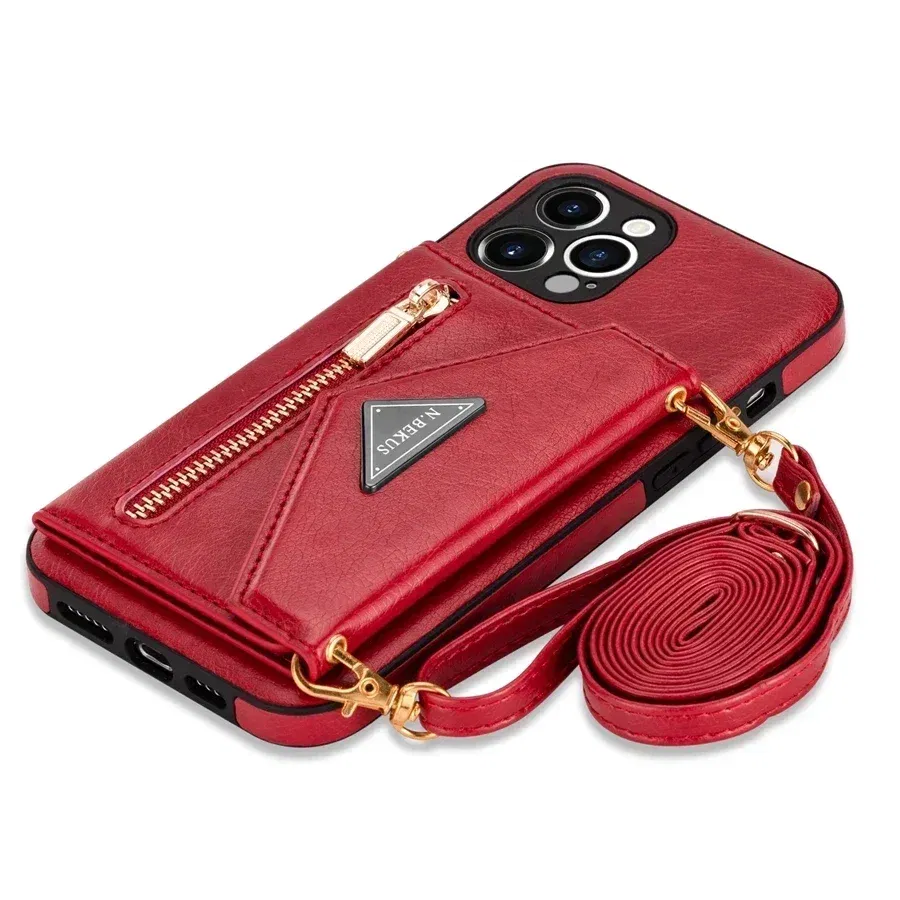 Color: Pink, Material: aluminum - Wallet Side Card Zipper Flip Crossbody Leather Case For iPhone 15 14 Pro Max 13 Mini 12 11 SE 2022 2020 X XS XR 8 7 6 6s Plus