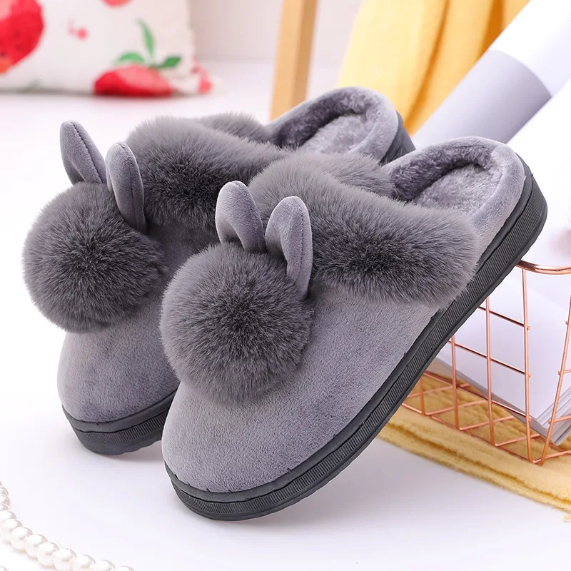 Color: GRAY, Shoe Size: 34 - 2023 Autumn Winter Women Men Cotton Slippers Rabbit Ear Home Indoor Home Slides Warm Shoes Women'S Cute Plus Plush Slippers