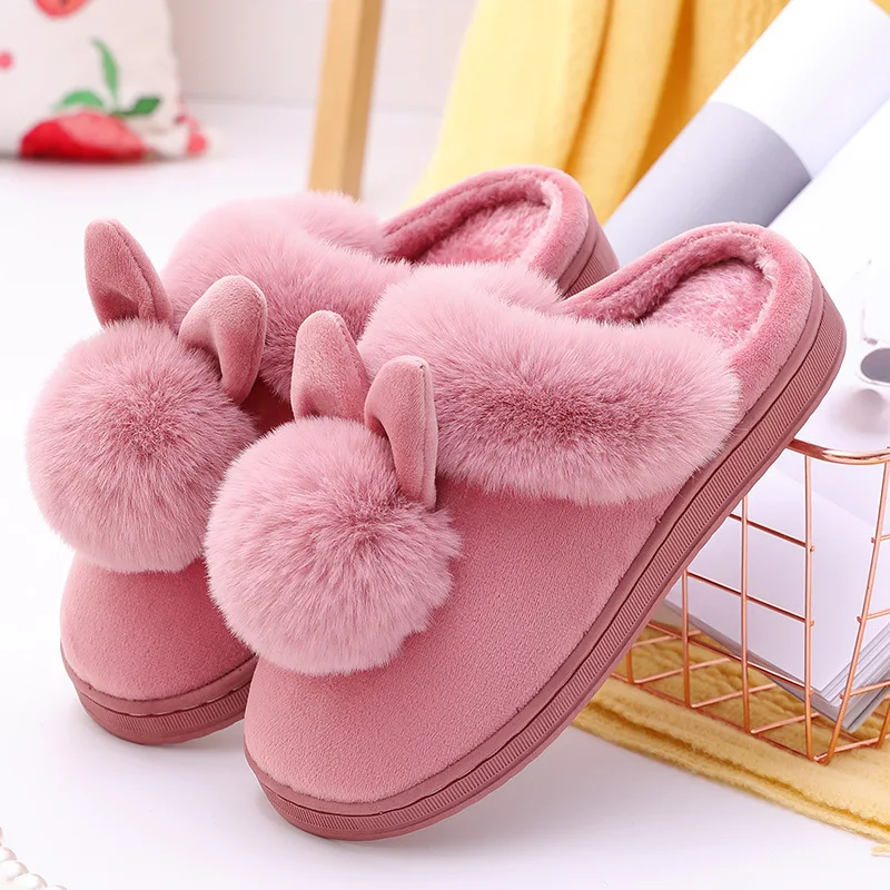 Color: GRAY, Shoe Size: 34 - 2023 Autumn Winter Women Men Cotton Slippers Rabbit Ear Home Indoor Home Slides Warm Shoes Women'S Cute Plus Plush Slippers