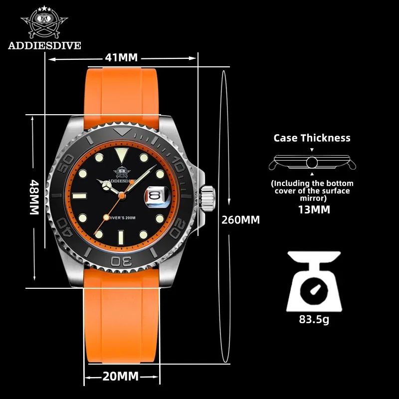 Color: Rose - ADDIESDIVE Rotatable Bezel Watch For Men 41mm Quartz Watch Stainless Seel BGW9 Luminous Rubber Strap 200m Diving Men's Watch New