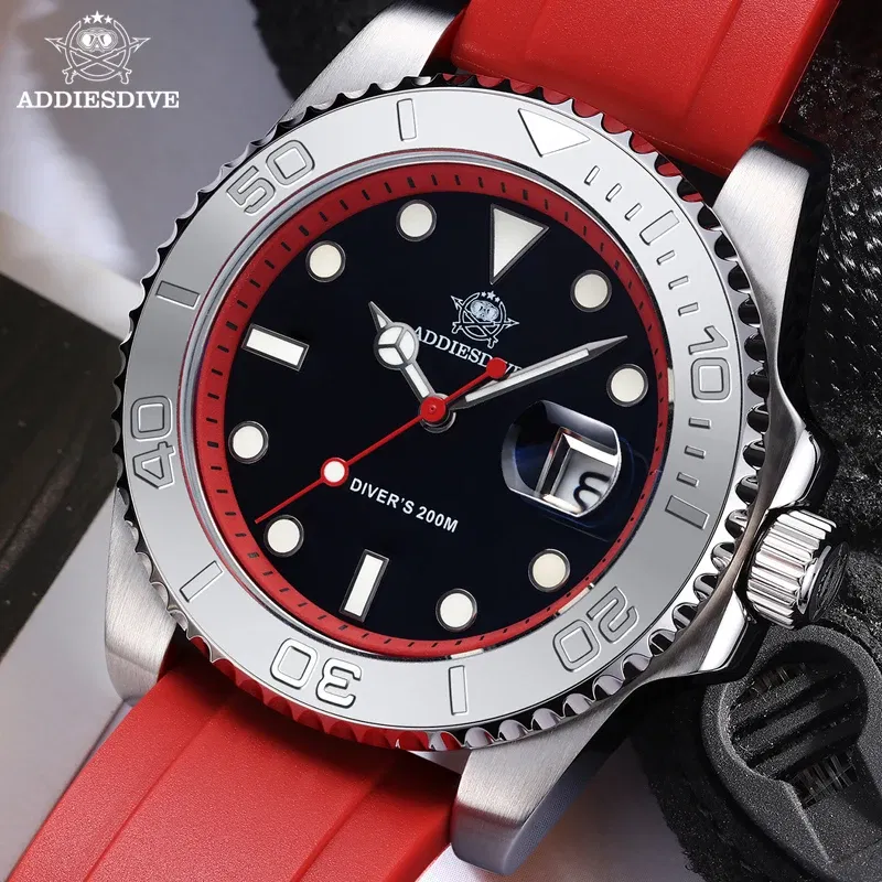 Color: Rose - ADDIESDIVE Rotatable Bezel Watch For Men 41mm Quartz Watch Stainless Seel BGW9 Luminous Rubber Strap 200m Diving Men's Watch New