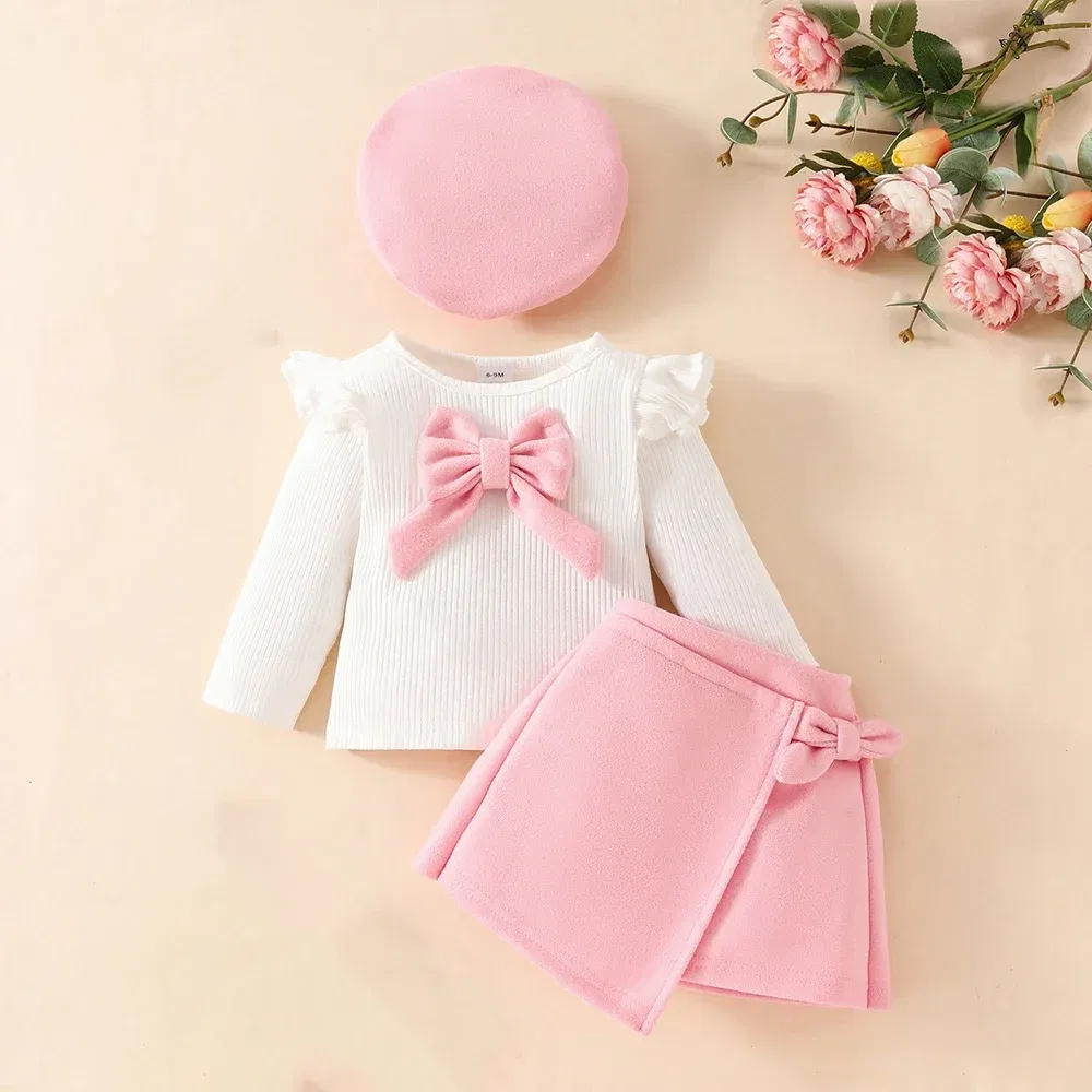 Color: Pink, Kid Size: 24M - Baby Girls Clothes New Year Set 0-3Y Long Sleeve Big Bow Top Irregular Skirt and Beret 3Pcs Toddler Christmas Clothes