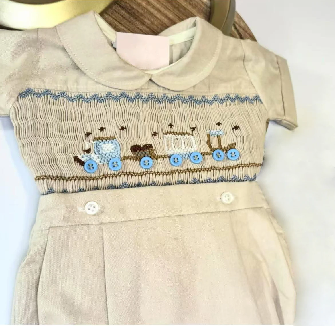 Kid Size: 24M - 0-6Y Baby Boy Summer Short Sleeves Green Handmade Embroidery Smocked Outfit Suit for Party Birthday Holiday A179