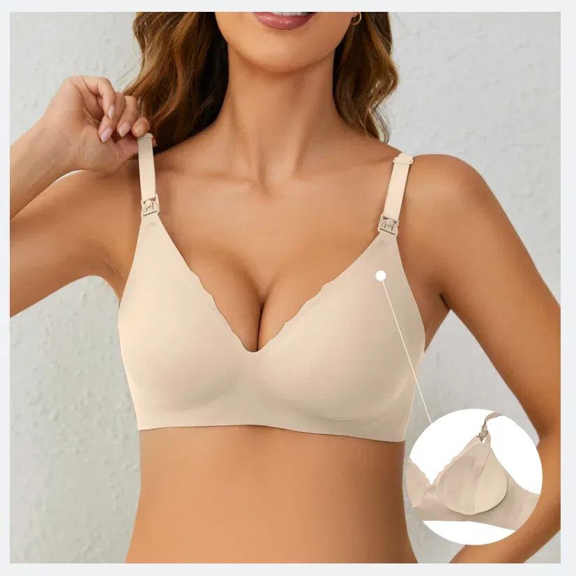 Color: Beige, Bands Size: 28 - Front Open Nursing Bra Maternity Jelly Gel Laser Cutting Seamless Underwear Ultra Thin Breastfeeding Bra For Pregnant Women