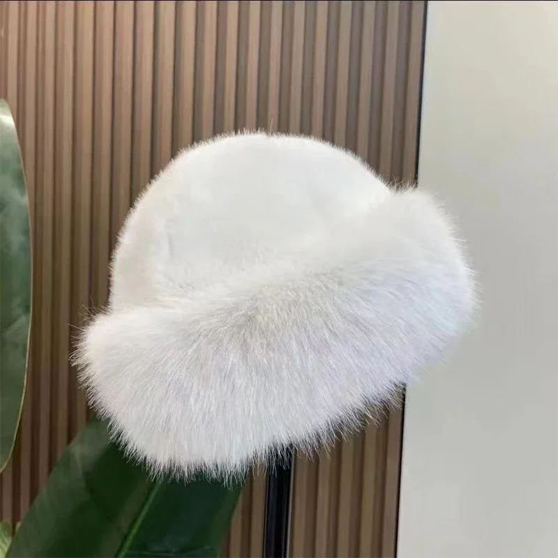 Color: WHITE, Hat Size: One Size - 2024 New Women's Fashion Fur Cap Fur Hat Fur Autumn Winter Hats Mongolian Hat Brimless Plush Fluffy Skiing Riding Warm Caps