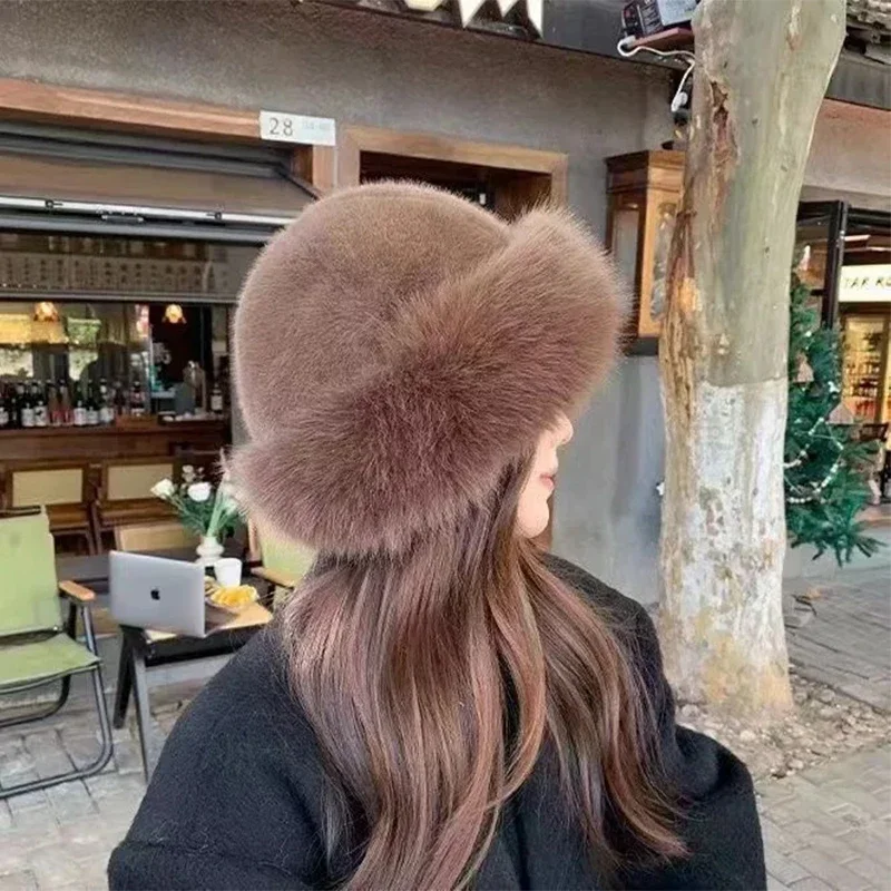 Color: WHITE, Hat Size: One Size - 2024 New Women's Fashion Fur Cap Fur Hat Fur Autumn Winter Hats Mongolian Hat Brimless Plush Fluffy Skiing Riding Warm Caps