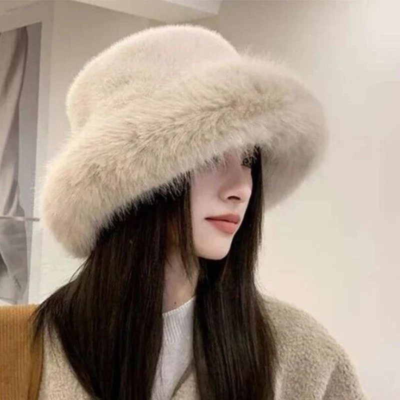 Color: WHITE, Hat Size: One Size - 2024 New Women's Fashion Fur Cap Fur Hat Fur Autumn Winter Hats Mongolian Hat Brimless Plush Fluffy Skiing Riding Warm Caps