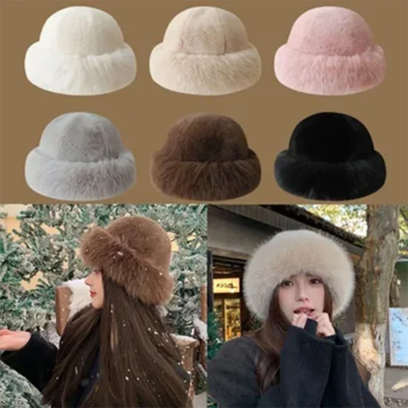 Color: WHITE, Hat Size: One Size - 2024 New Women's Fashion Fur Cap Fur Hat Fur Autumn Winter Hats Mongolian Hat Brimless Plush Fluffy Skiing Riding Warm Caps