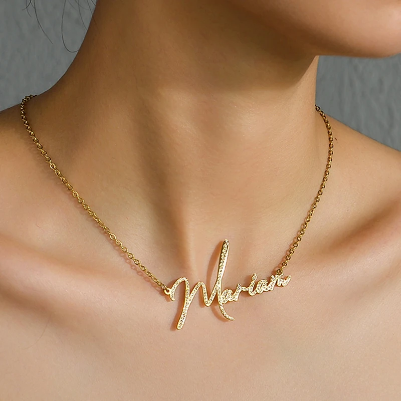 Metal Color: Gold-color, Length: 45cm - Auxauxme Custom Crystal Zircon Name Necklace for Women Stainless Steel Personalized Nameplate Golden Pendant Choker Jewelry Gift