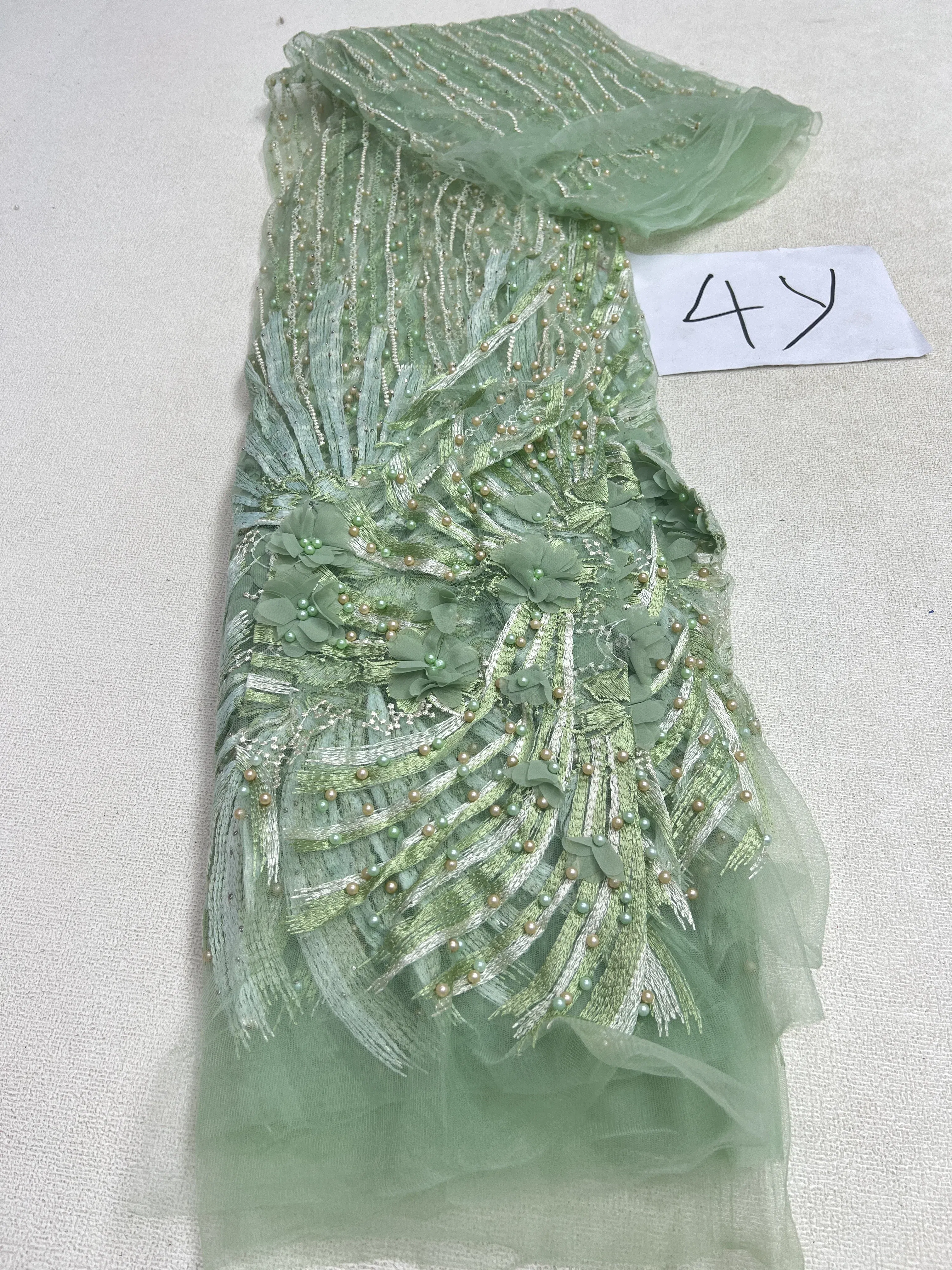 Color: Ivory, Length: 5 yards, Width: 120cm - 2025 African Nigerian Tulle Lace Fabric Sequins Sewing Guipure Beads Stone Embroidery Dresses High Quality 4 Yards