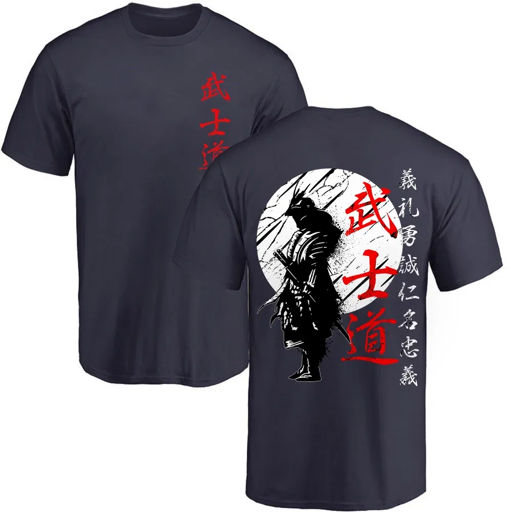 Color: SKY BLUE, Size: XXL - Japan Samurai Spirit T Shirts For Men Japanese Style Back Print Loose Oversized 100% Cotton Tops T-shirt Bushido Male Gifts Tee