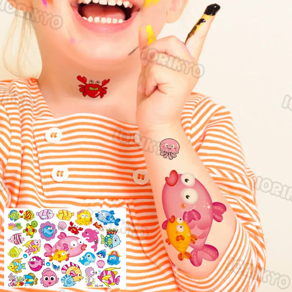 Color: Tea Brown - Watercolor Cat Bear Temporary Tattoos For Kids Children Boys Girls Fake Cute Dinosaur Tattoo Stiker Koala Star Face Tatoos Hands