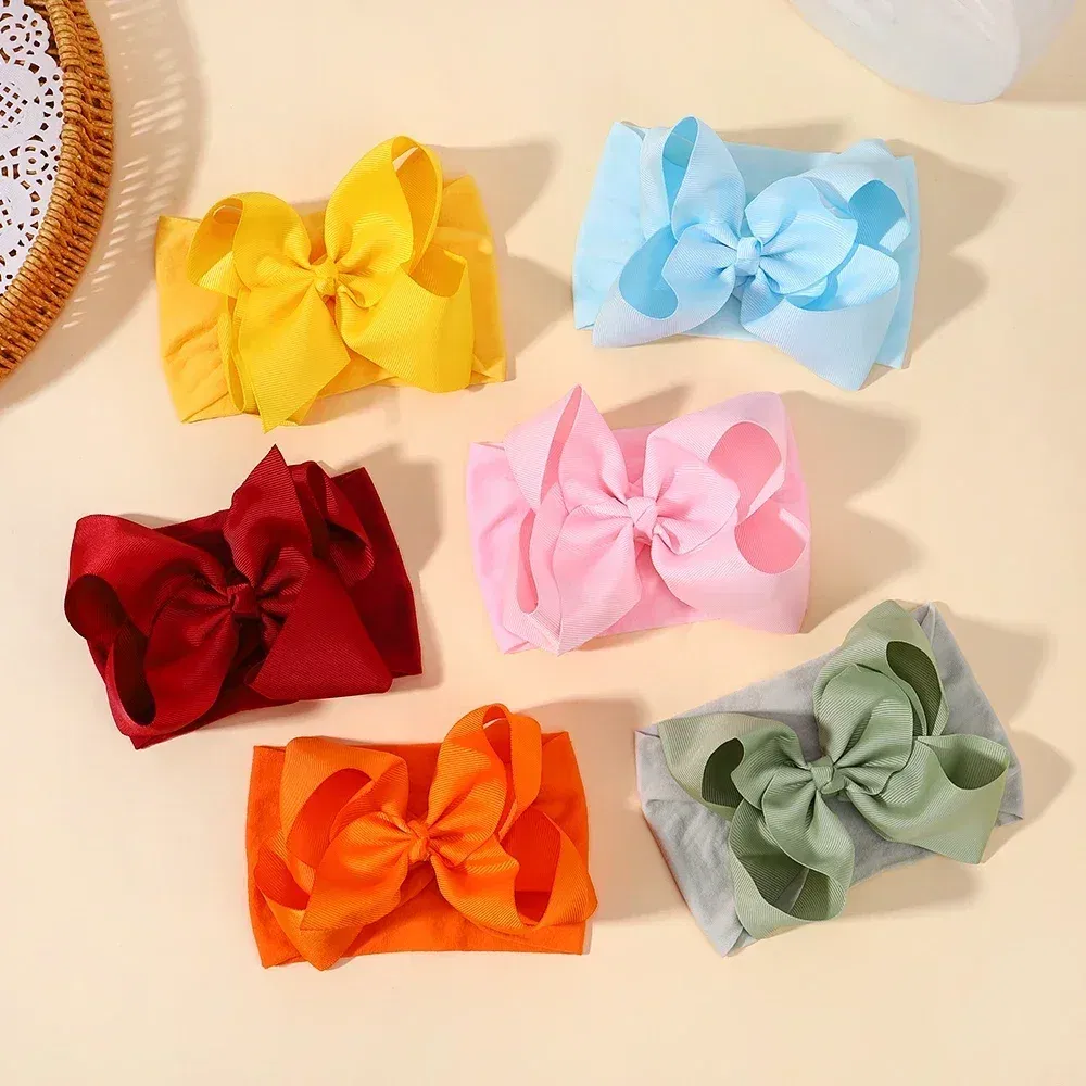 Color: Pink - 1pcs Baby Wide Ribbon Nylon Turban Girls Big Bows Hair Accessories Child Headband Elastic Hair Bands Ribbon Bows Infant Headwear
