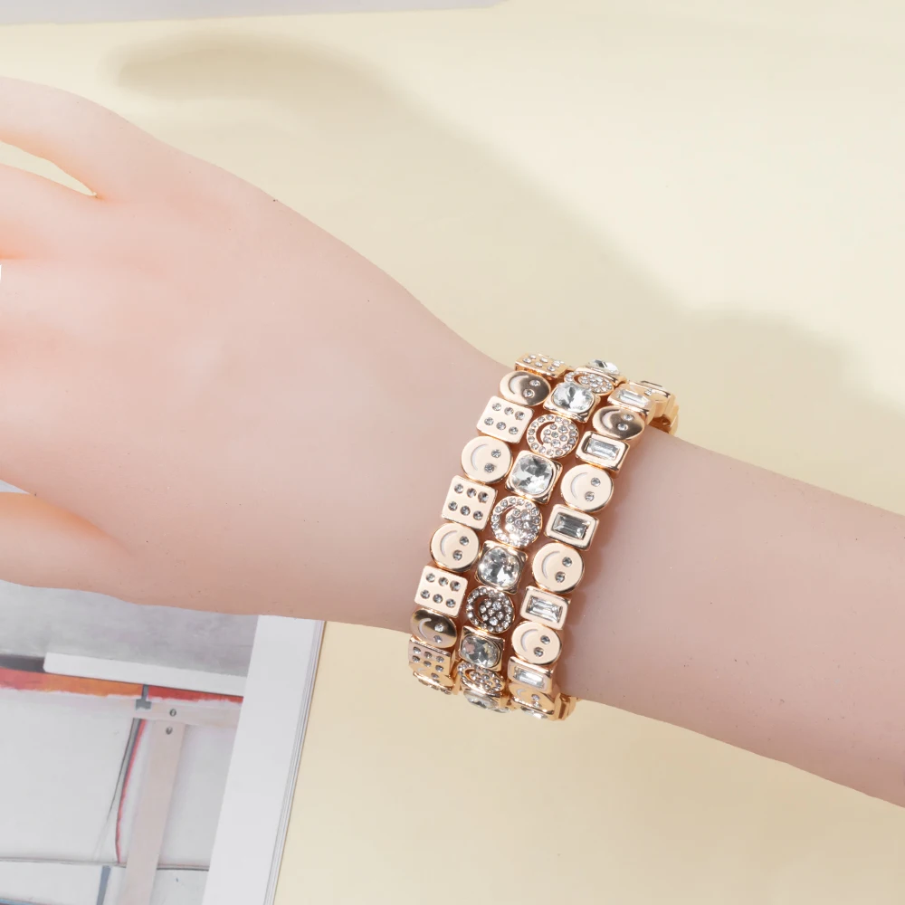 Metal Color: Antique Gold Plated, Ships From: CHINA, Diameter: 50-52mm - 2024 New Rhinestone Happy Bangle For Women Diamond Hand Accessory